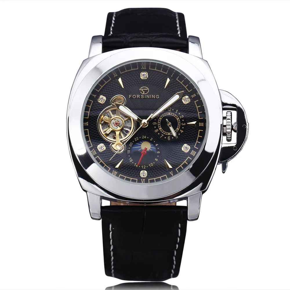 WINNER Men Casual Mechanical Wrist Watch Leather Strap Tourbillion Black Dial Date Display Roman Number