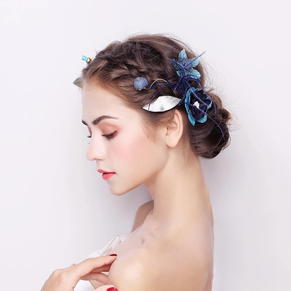 Винтажные заколки для волос с синим цветком, Искусственное перо, головной убор принцессы для девочек, заколки для торжеств, Ретро стиль, ручная работа, цветочный головной венок