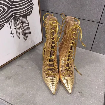 

zapatos de mujer 2018 Shoes Woman Leather Ankle Boots High Heels Pointed Toes Hollow Out Snakeskin pattern Lace-Up botas mujer