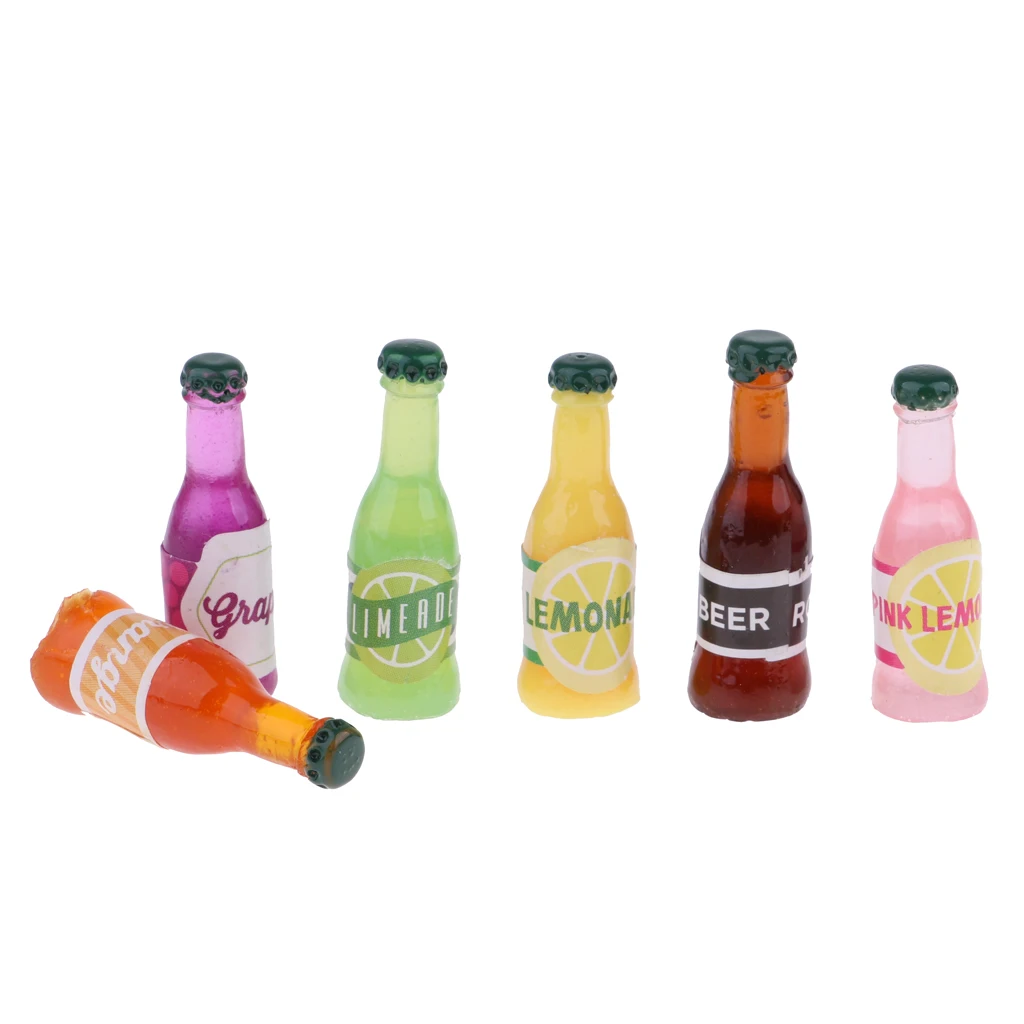 6pcs 1/12 Dollhouse Miniature Dining Room Food Accessories Resin Soft Drink Bottles
