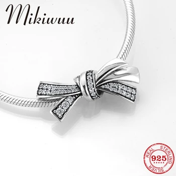 

925 Sterling Silver Fashion Sparking Crystal CZ big bowknot Charms beads Fit Original Mikiwuu Charm Bracelets Bangles