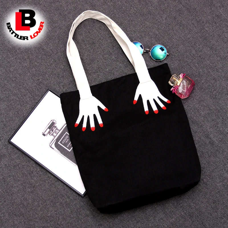 Funny hand finger red nail print Canvas Women Ladies Handbag Girls Shoulder Bag embroidery Black Shopping Bag Bolsos Fashion