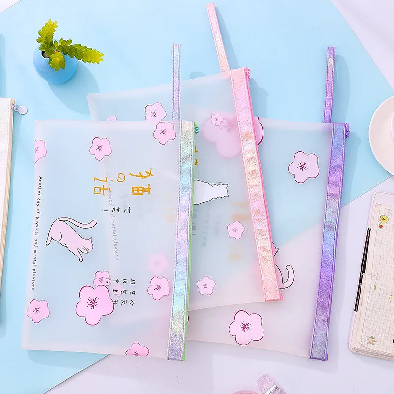 

1pc Cute Cat Flower Document Bag A4 Transparent Waterproof File Folder File Organizer Bag Filing Products School Stationery