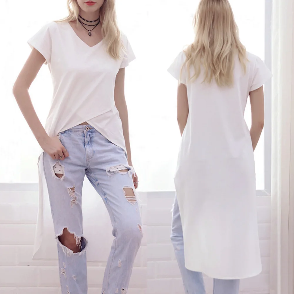 Women's Summer Casual Solid High Low Swallow Hem Longline White T