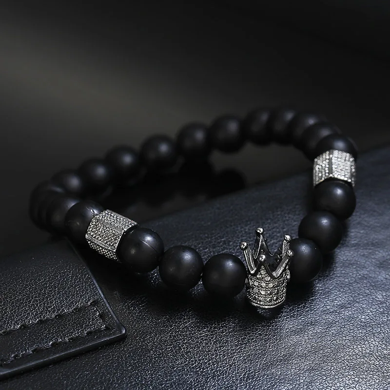 Винтажный стиль черный бисерный браслет корона для женщин и мужчин простой классический Лава Камень Strand Браслет Ручной Работы Бохо эластичные браслеты