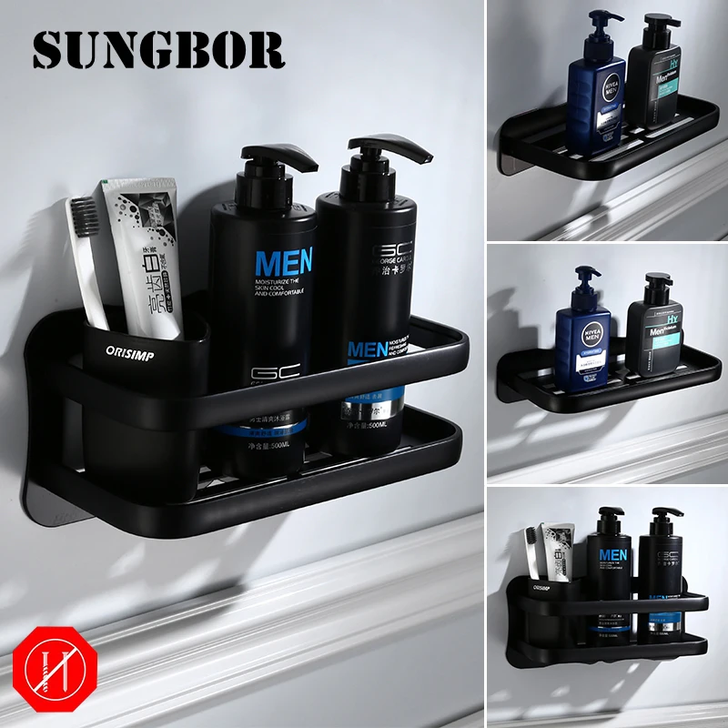 

Bathroom Wall Mounted Space Aluminum Storage Shelf Single Layer Nails No Punch Hook Bathroom Accessories Storage Organizer Rack