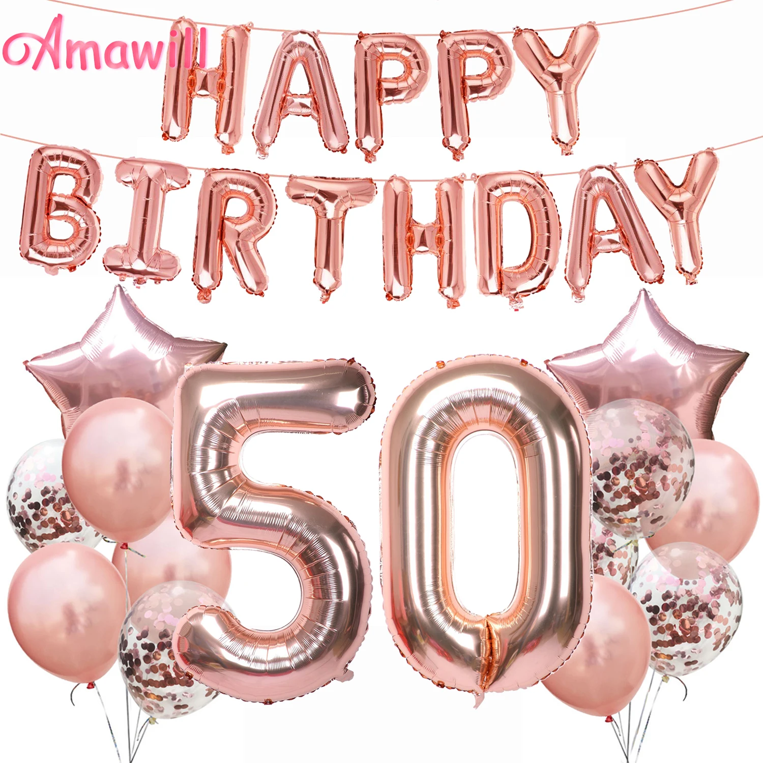 Amawill Rose Gold Adult 50th Happy Birthday Foil Balloon Birthday Party Decorations 50 Years Old Anniversary Supplies 75D