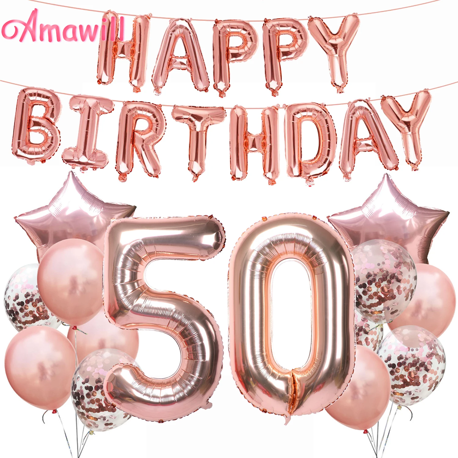 Amawill Rose Gold Adult 50th Happy Birthday Foil Balloon Birthday Party Decorations 50 Years Old Anniversary Supplies 75D Amawill Rose Gold Adult 50th Happy Birthday Foil Balloon Birthday Party Decorations 50 Years Old Anniversary Supplies 75D