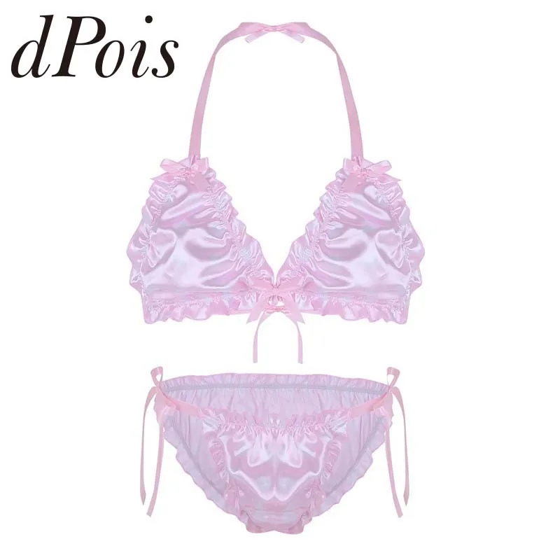 

Mens Ruffled Frilly Shiny Smooth Polka Dots Strappy Sissy Bikini Lingerie Set Wire-free Halter Bra Top with Briefs Underwear