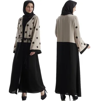 

Muslim Abaya Dress Dubai Kaftan Flowers Embroidery Cardigan Patchwork Long Sleeve Ramadan Arabic Turkish Islamic Prayer Clothing