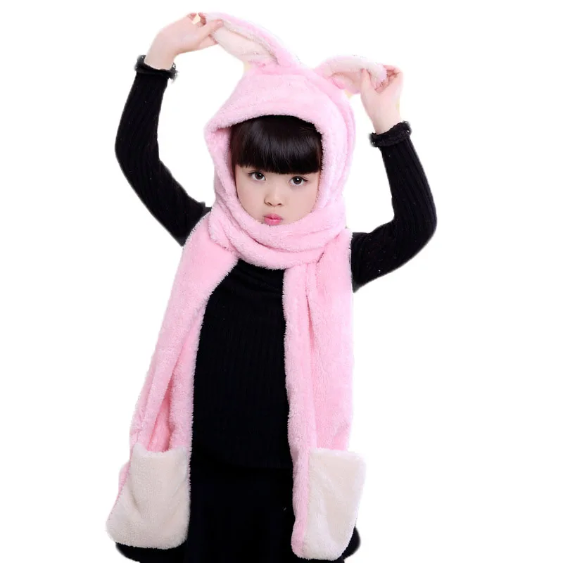 Autumn Winter Rabbit Ear Kids Baby Hats Lovely Girl Boy Beanie Cap Warm Children Thick Hat+Hooded Soft Scarf Set Earflap Caps