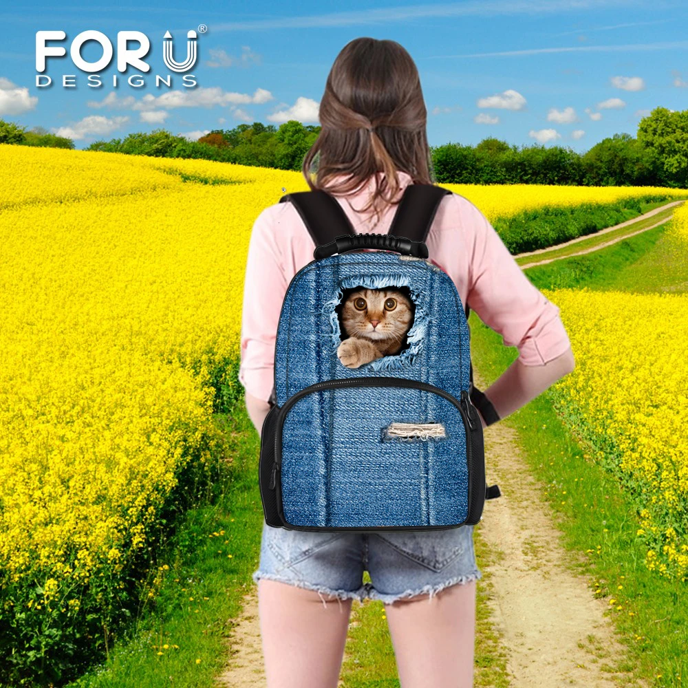 FORUDESIGNS/5 шт./компл. Denim Cat узор школьный Студент обратно в школу рюкзак для девочек-подростков детский сад Детские ранцы