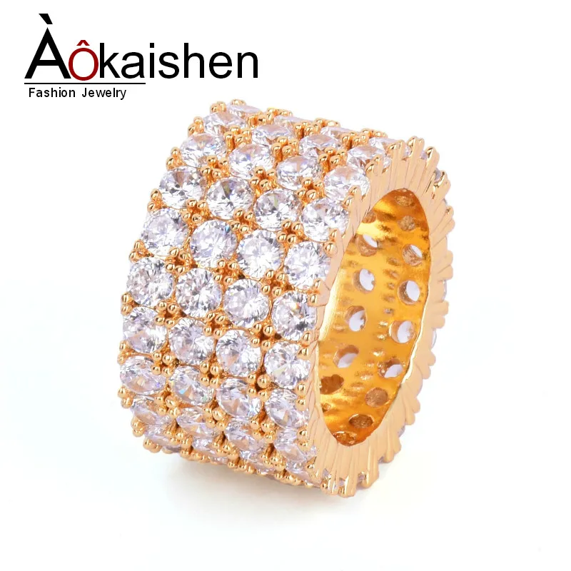 

Four Rows Solitaire Men's Ring Copper Charm Gold Silver Color Cubic Zircon Iced RING Fashion Hip Hop Jewelry 1.3cm width