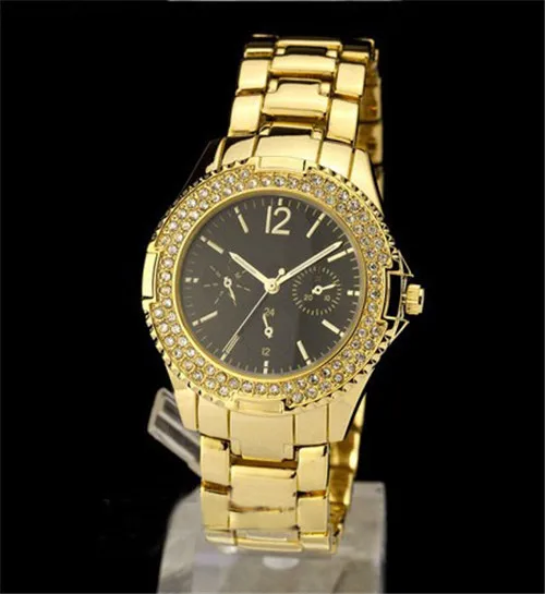 Women brand watch.Imported rhinestone mirror,Gold watch, black face