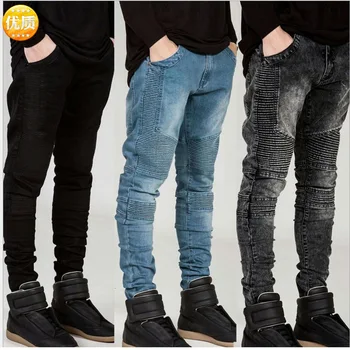 

Men Jeans Runway Slim Racer Biker Jeans Fashion Hiphop Pleated Skinny Jeans For Men