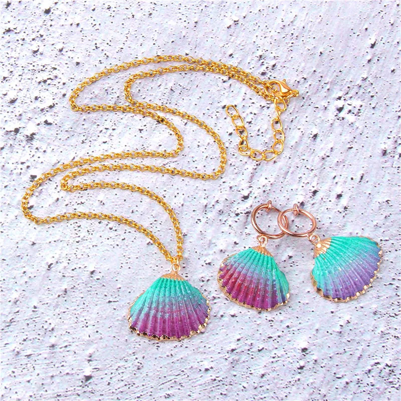 

Shell Jewelry Set Women Earrings+Necklace Summer Holiday Rainbow Shells Necklaces Women Gold Statement Shells Earrings Jewelry