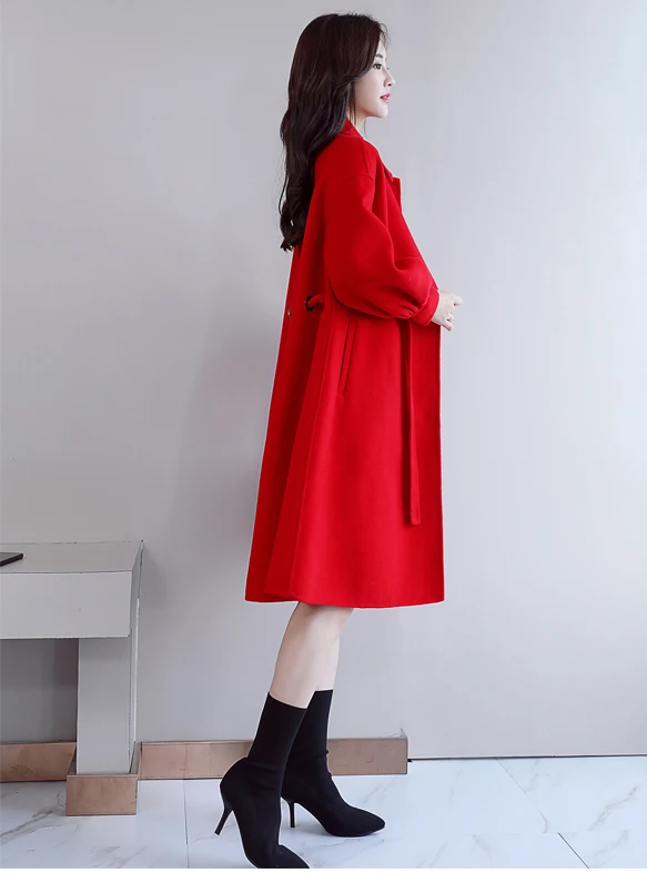 2019 spring new women woolen coat female long section slim versatile tie with solid color woolen coat A87 Parkas