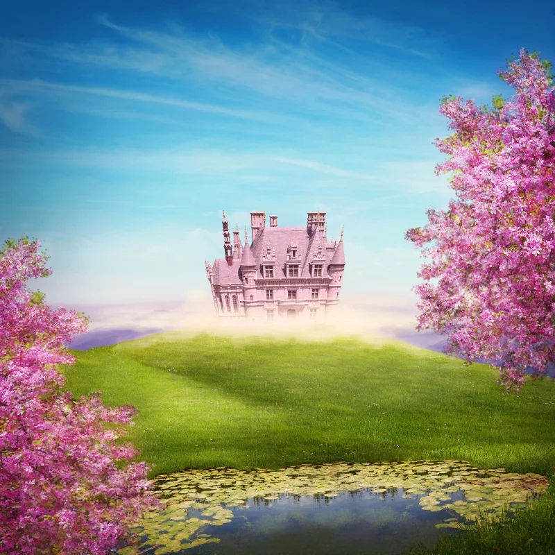 Laeacco Flowers Pond Fantasy Castle Photo Backgrounds Customized Vinyl Digital Photography Backdrops For Photo Studio