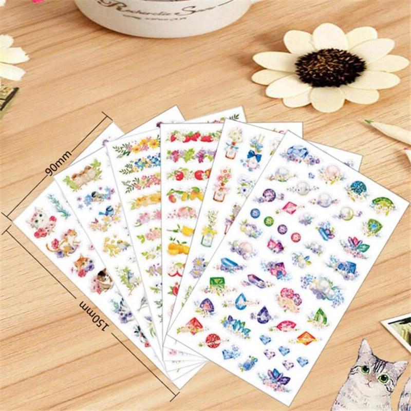 

6sheets/lot DIY Cute Kawaii Flower PVC Sticker Lovely Cat Stickers For Home Decoration Diary Student 1084