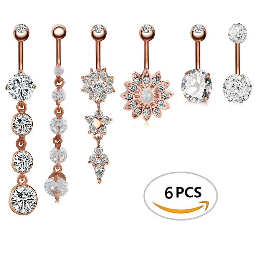 6Pcs/Set 2018 New Stainless Steel Earrings Ear Nail Belly Button Rings Navel Piercing Dangle Round Crystal Jewelry | Украшения и