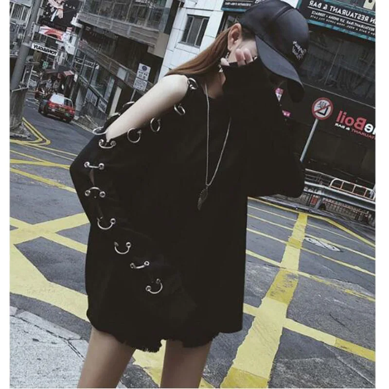  European American Style Hoodie Women Solid Color Long Sleeve Off Shoulder Iron Ring Sweatshirts Wom