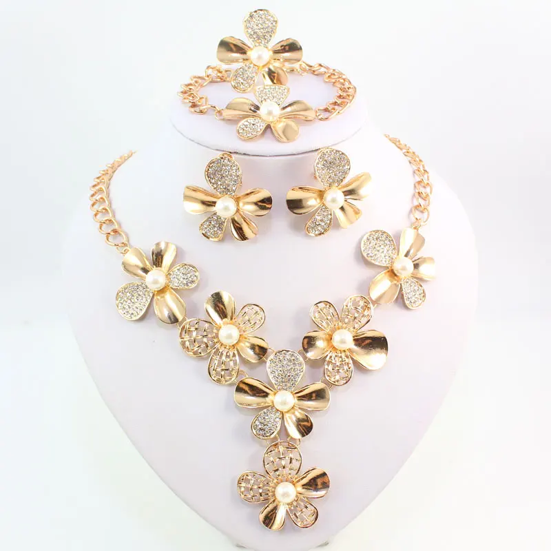 Имитация жемчуга ювелирные наборы для женское ожерелье с камнями серьги набор африканские бусины Золотой цвет цветок свадебное платье аксессуары