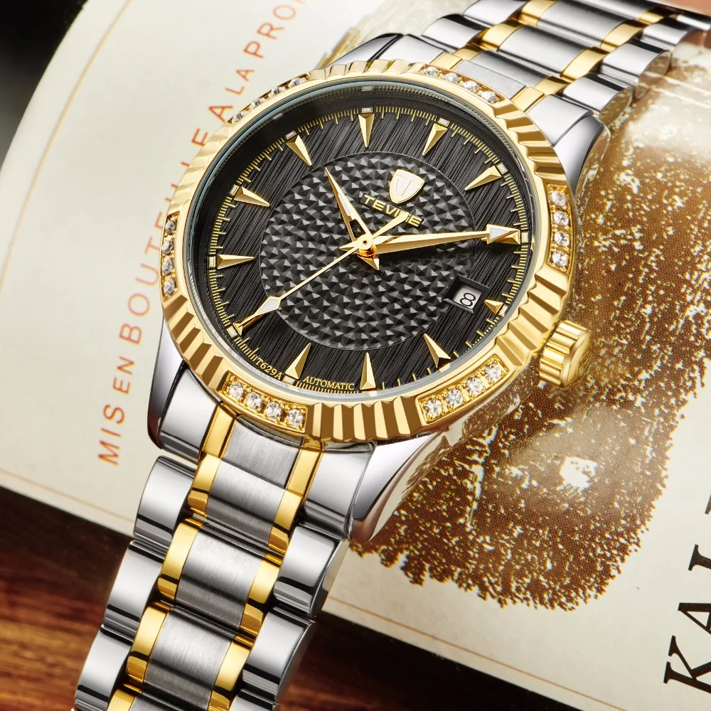

TEVISE Fashion Auto Date Automatic Self-Wind Watches Stainless Steel Luxury Gold Black Watch Men Mechanical T629A with tool