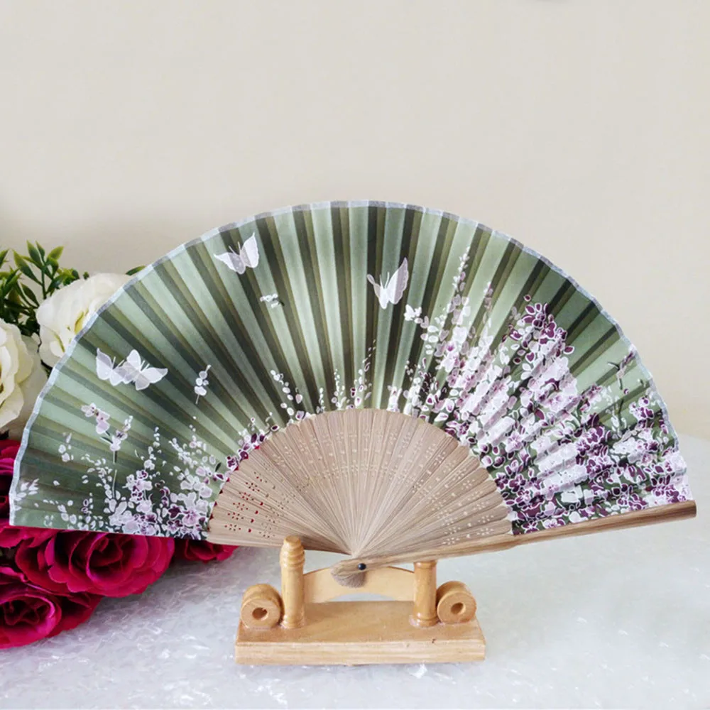 Flower Butterfly Pattern Folding Dance Wedding Party Lace Silk Folding Hand Held Flower Fan G619 - Цвет: H