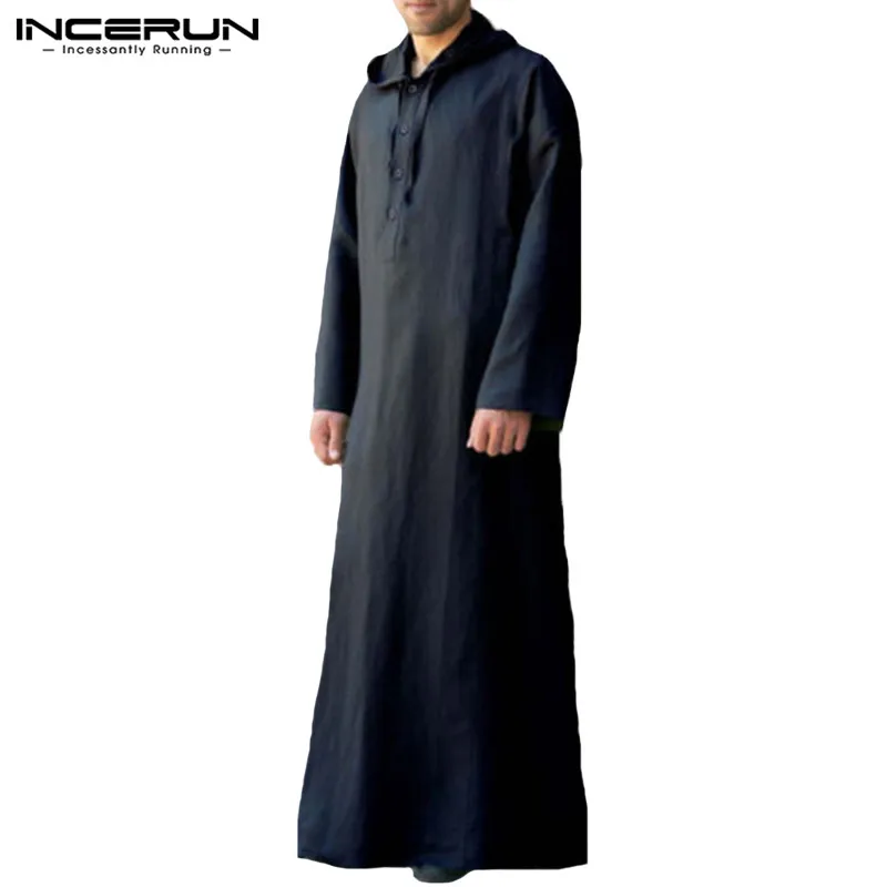 INCERUN мусульманский мужской исламский арабский кафтан ТОБ с капюшоном с длинным рукавом халат для мужчин Дубай Саудовская Аравия jubba ТОБ мусульманская одежда для мужчин S-5XL - Цвет: Black