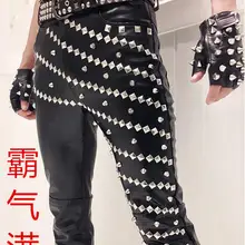 XS-4XL! модный dj костюм мужской неосновной панк заклепки обтягивающие кожаные штаны плюс размер певица костюмы одежда