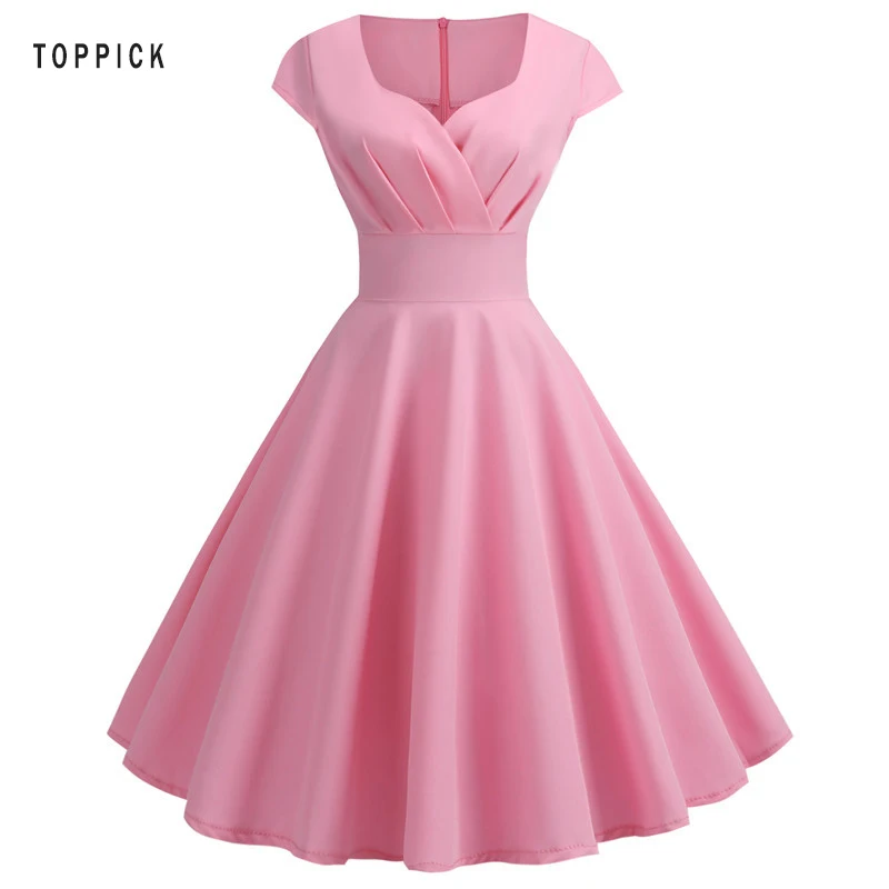 

2019 New Summer Women Vintage Dress Short Sleeve V Neck Casual Elegant Retro Pin Up Big Swing High Waist Party Midi Dresses