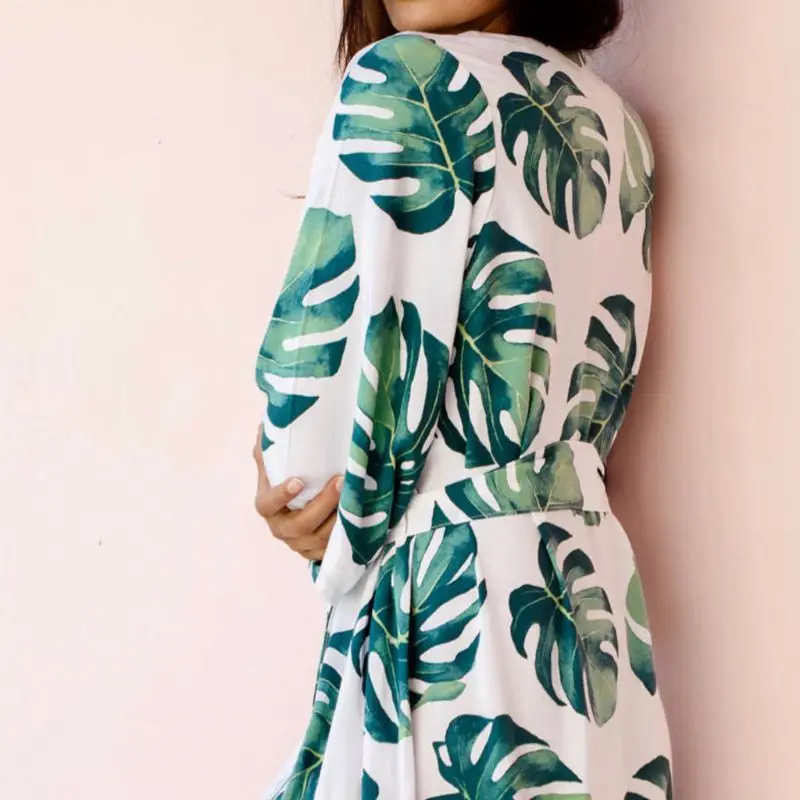 Women Vacation Swimsuit Cover Up Green Tropical Leaves Open Front Kimono Cardigan Belted Irregular Curved Hem Beach Bath Robe bathing suit bottom cover up