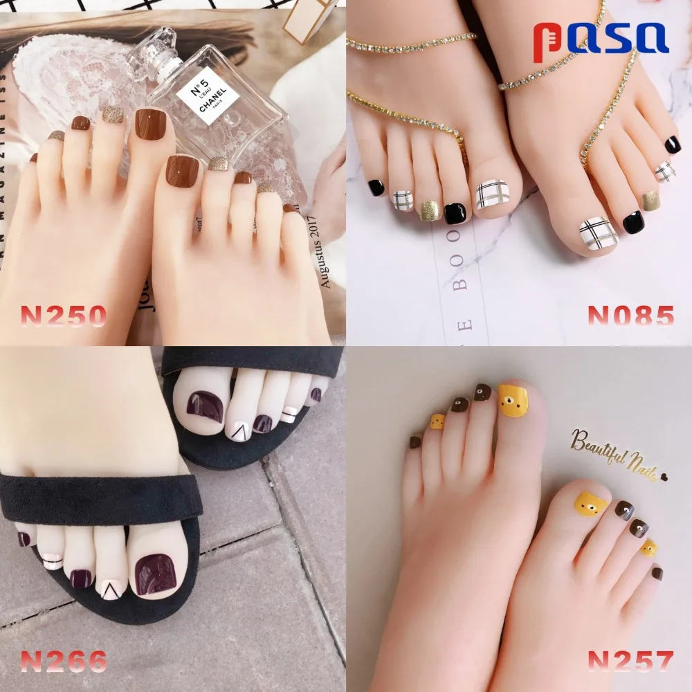 

24pc Glue all paste False toenail Cover Stiletto Coffin Fake Nails Autumn Wine Red Toenail Patch Nail Decorations Women Made up