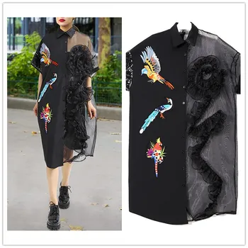 

2019 Women Black Mesh Shirt Dress Plus Size Ruffle Bird Embroidery Lady Sheer Cute Dress Summer Party Dress