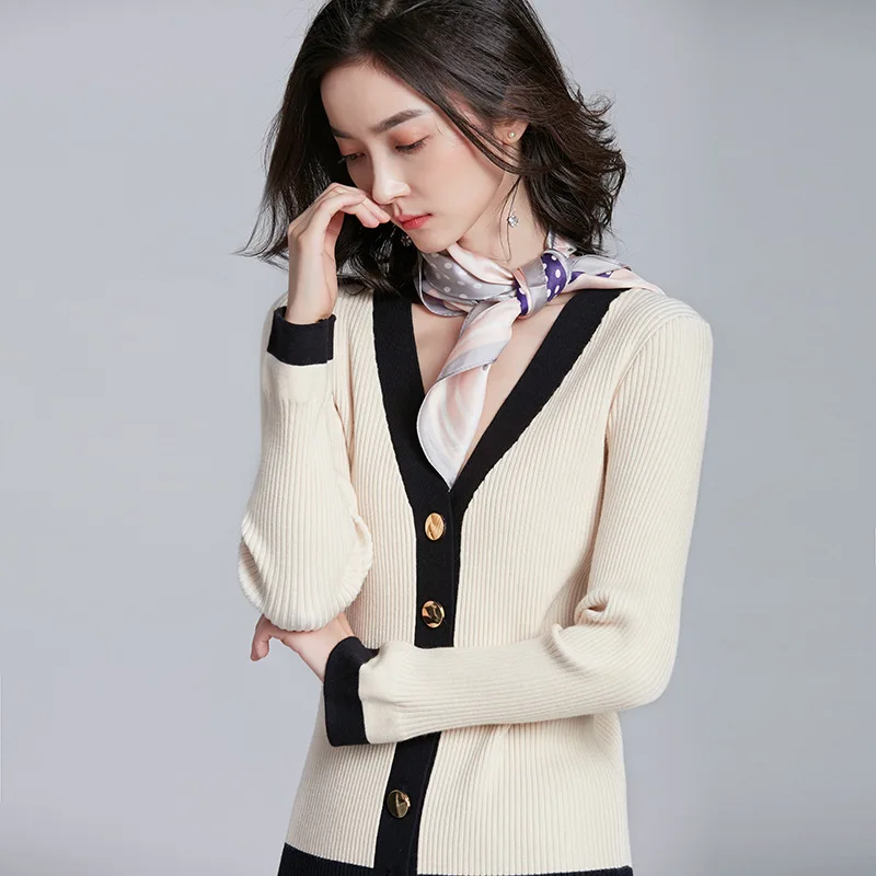 

Contrast Knitted V Neck Cardigan Sweater Women Metal Button Front Cardigans