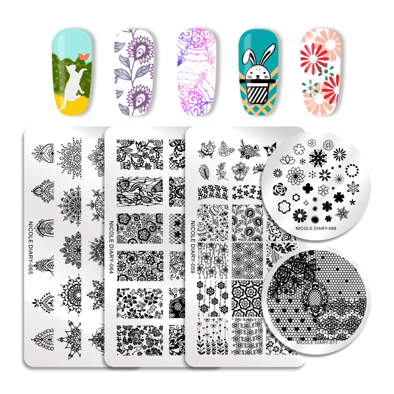 

NICOLE DIARY Rose Lace Image Nail Stamping Plates Rectangle Round Shape Nail Art Stamp Image Template Animals Printing Stencil
