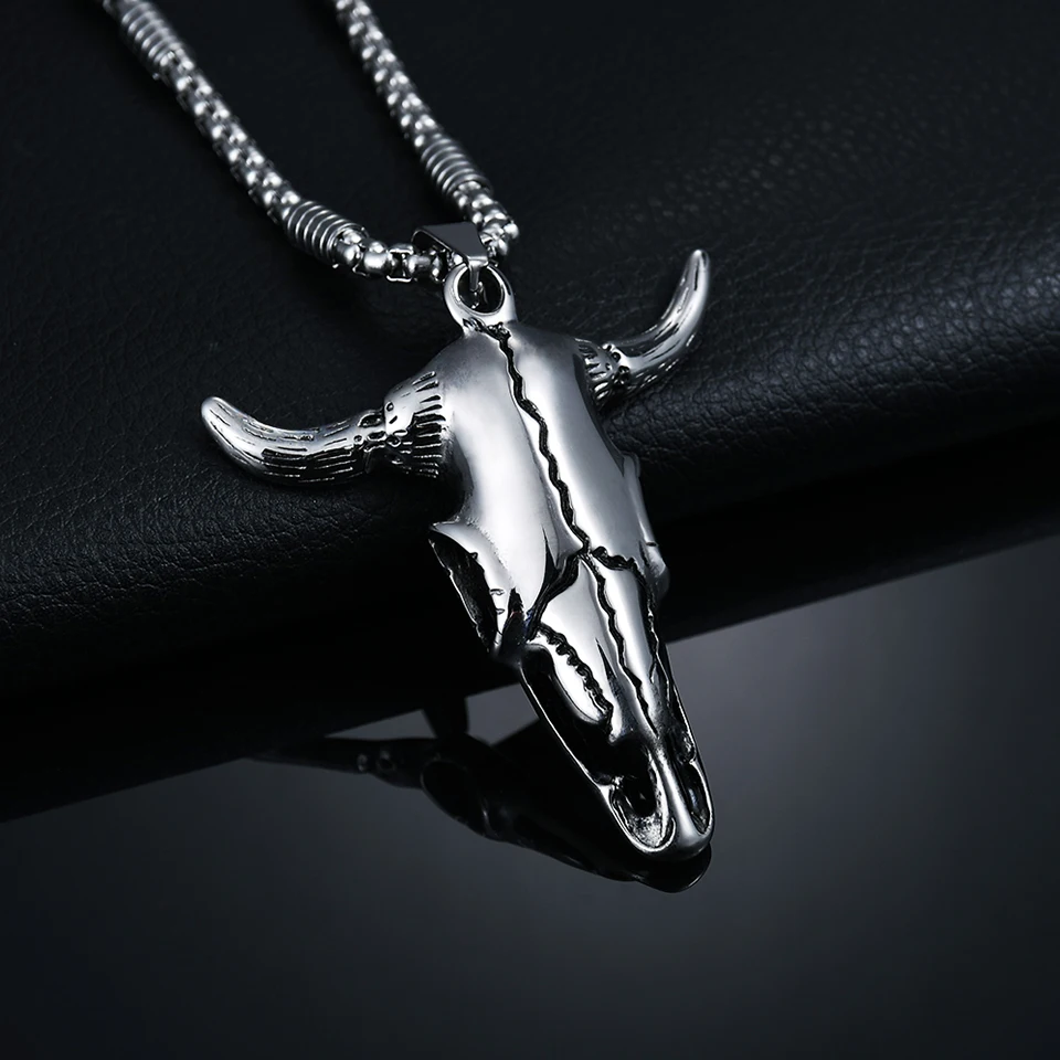 YANGQI норвежский викинг панк нержавеющая сталь Ox Head Череп ожерелье со свисающими