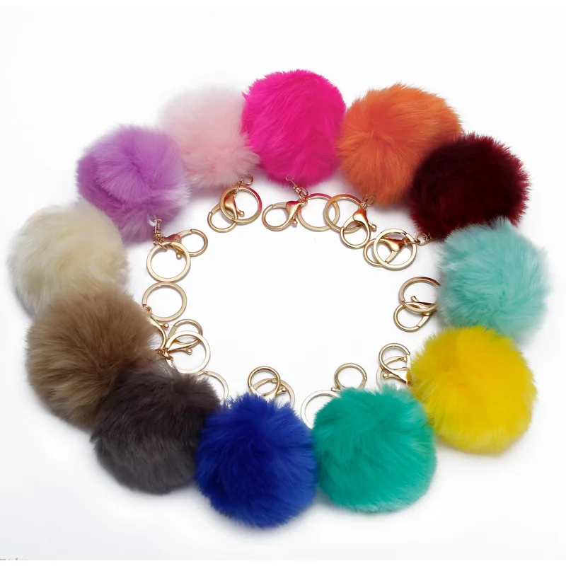 

8cm Fake Fur pompom Keychain llavero pompon keychain Keyring Golden Chains Fake Fox Rabbit Fur Chain Diy Jewelry Findings Making