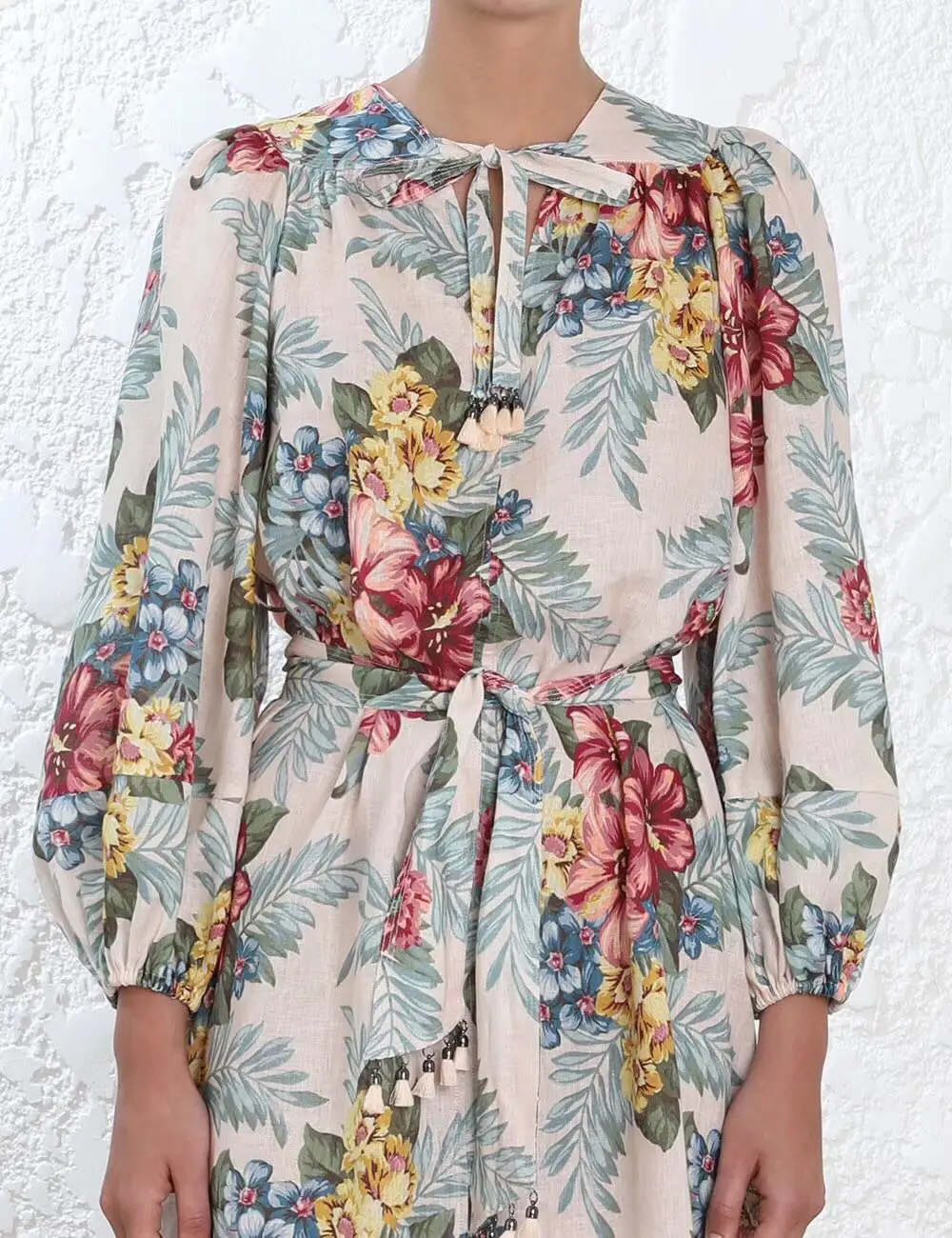Midi As Linge Shirtdress Longues taille Cravate Glands Tie print Femmes Hibiscus Manches Fleurs Kali Floral Shown Robe Sqw6ZC
