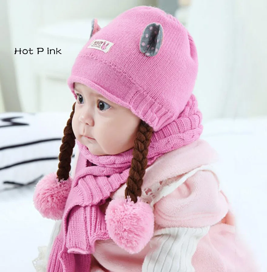 Зимняя шляпка для девочки и шарф набор для детей с милыми ушками детская ребристые вязаное изделие вязаная шапочка с помпоном шарфы теплая