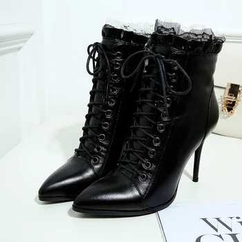 

Women's Ankle Lace Flounced High Heel Pointed Toe Spring Autumn Short Booties Brand Designer Genuine Leather Ankle Boots Shoes
