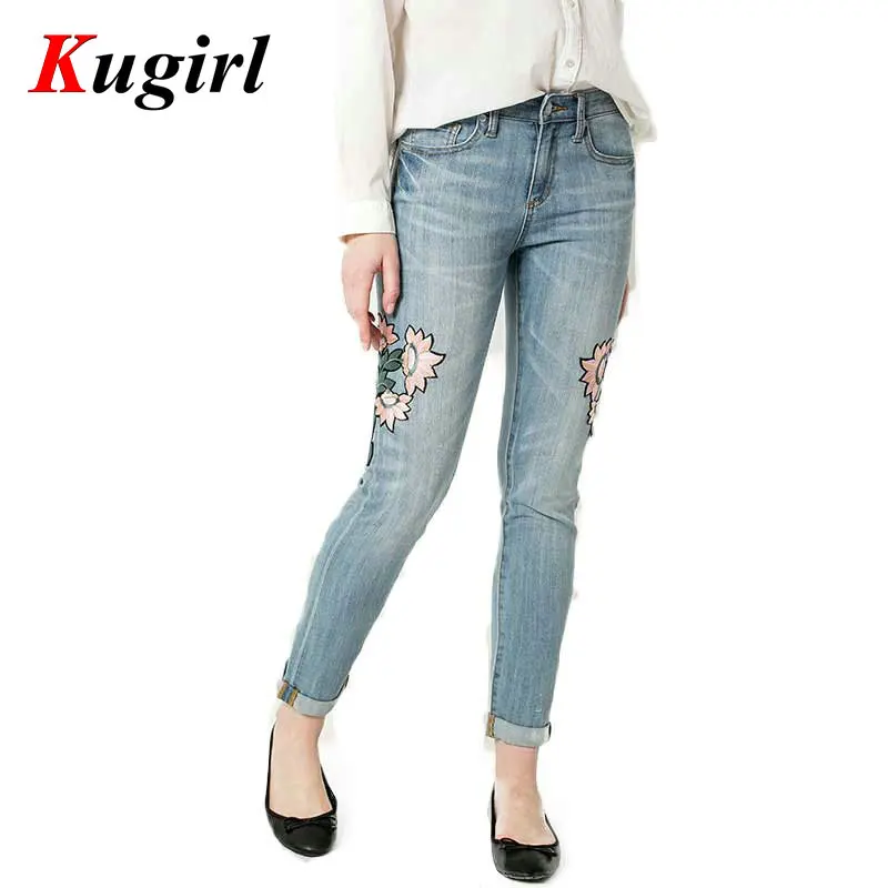 

hot Spring Casual Women embroidered Jeans High Waist Washes Floral Slim Women Pencil Jeans Denim Pants