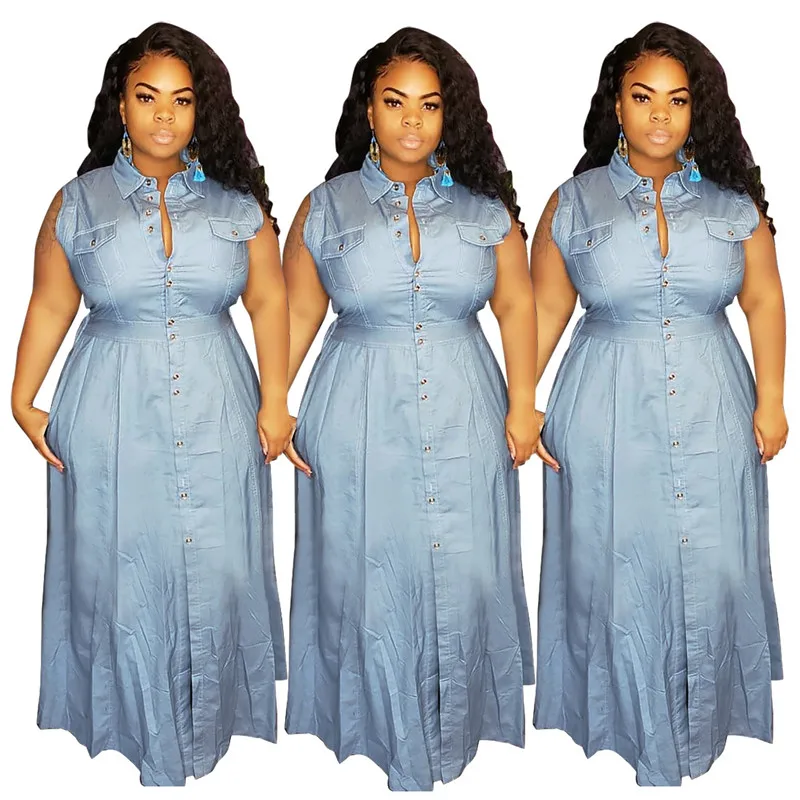 

Women Sleeveless Shirt Long Denim Dress Boho Summer Casual Slim Fit Streetwear Party Jean Maxi Blouse Dress Vestidos Plus Size