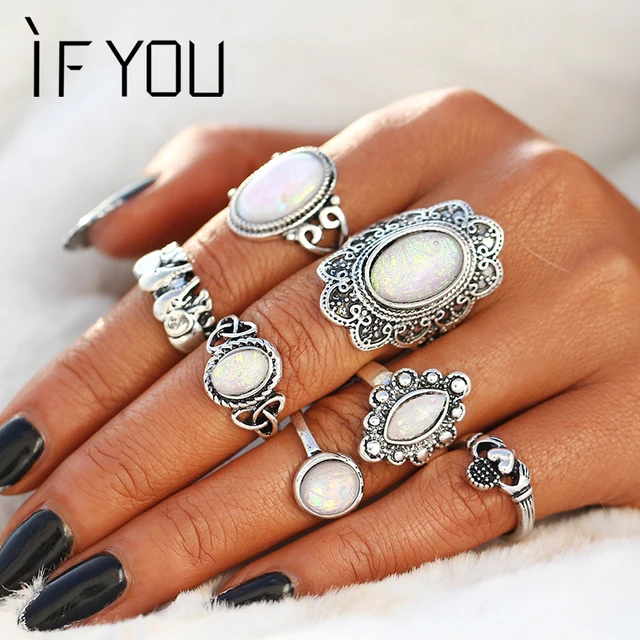 IF YOU 7Pcs/Set Antique Vintage Silver Artificial Stone Ring Sets Fashion Zinc A IF YOU 7Pcs/Set Antique Vintage Silver Artificial Stone Ring Sets Fashion Zinc A