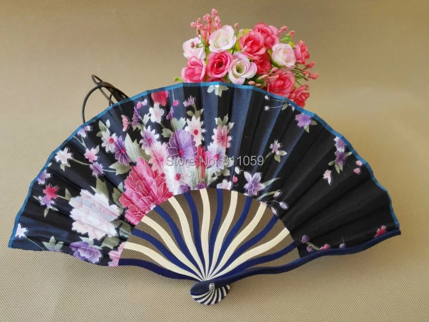 50 шт./партия, разные цвета и цветочный узор, бамбуковая рамка, атласный Шелковый ручной вентилятор для женщин