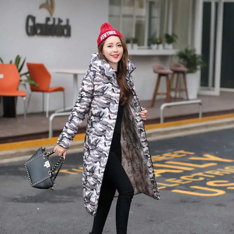 Осенне-зимнее пальто женское дизайнерское стеганое пуховое хлопковое пальто размера плюс приталенная куртка с капюшоном на молнии Длинная женская куртка-парка C2381 - Цвет: camouflage grey