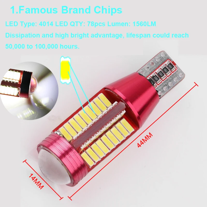 2x Canbus 12V T10 194 168 192 W5W 1560LM 4014 SMD 78 LED SMD Canbus Auto Error Free Side Wedge Light Dashboard Dome Lamp Bulb (2)