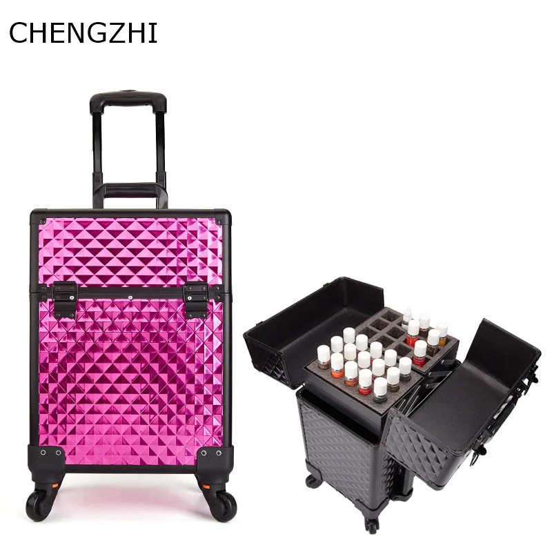 

CHENGZHI Aluminum cosmetic suitcase trolley beauty hairdressing tool set multi-layer tattoo nail beauty luggage bag with wheels