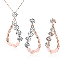 

New Trendy Silver Flower Gold Color Vine Pink Cat's Eye Stone Dangle Earrings And Pendant Necklace Woman Fashion Jewelry Sets