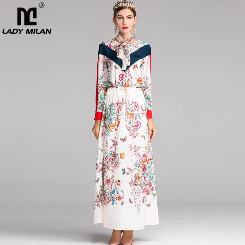 

2019 Women's O Neck Long Sleeves Floral Printed Elegant Party Wear Sexy Split Maxi Floor Length Dresses with Scarf